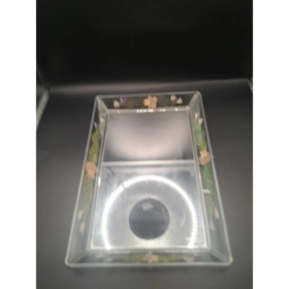 Vintage International Silver Company Glass Handpainted Floral Vanity Tray GUC